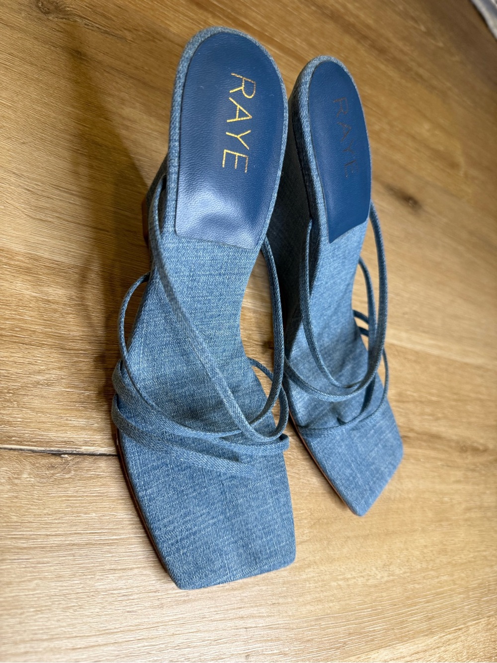 RAYE Denim Blue Strappy Wedge Sandals 3.5” Heel size 36, Sz 6